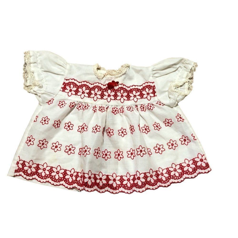 Vintage White Red Embroidered Girls Top Holiday Picture Size 6-9M